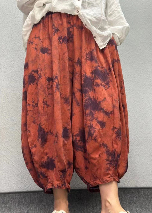 Orange Pockets Print Elastic Waist Linen Lantern Pants Summer