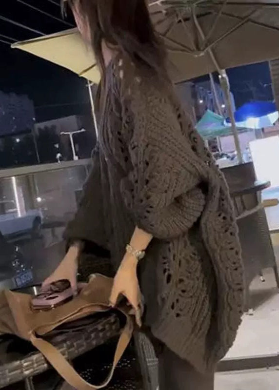 Loose Dark Gray V Neck Hollow Out Knit Sweater Spring