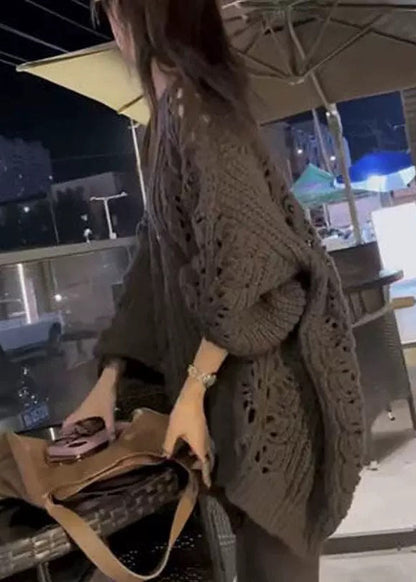 Loose Dark Gray V Neck Hollow Out Knit Sweater Spring