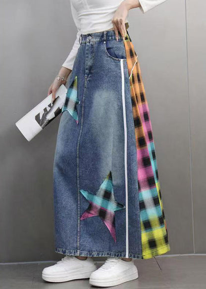 Blue Plaid Patchwork Patch Denim Maxi Skirts Spring