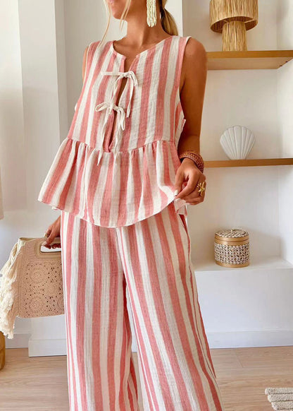 Pink Striped O-neck Top and Wide Leg Pants Two Piece Set Summer