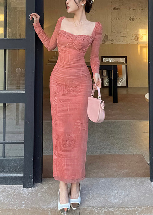 Pink Square Collar Side Open Cotton Long Dress Spring
