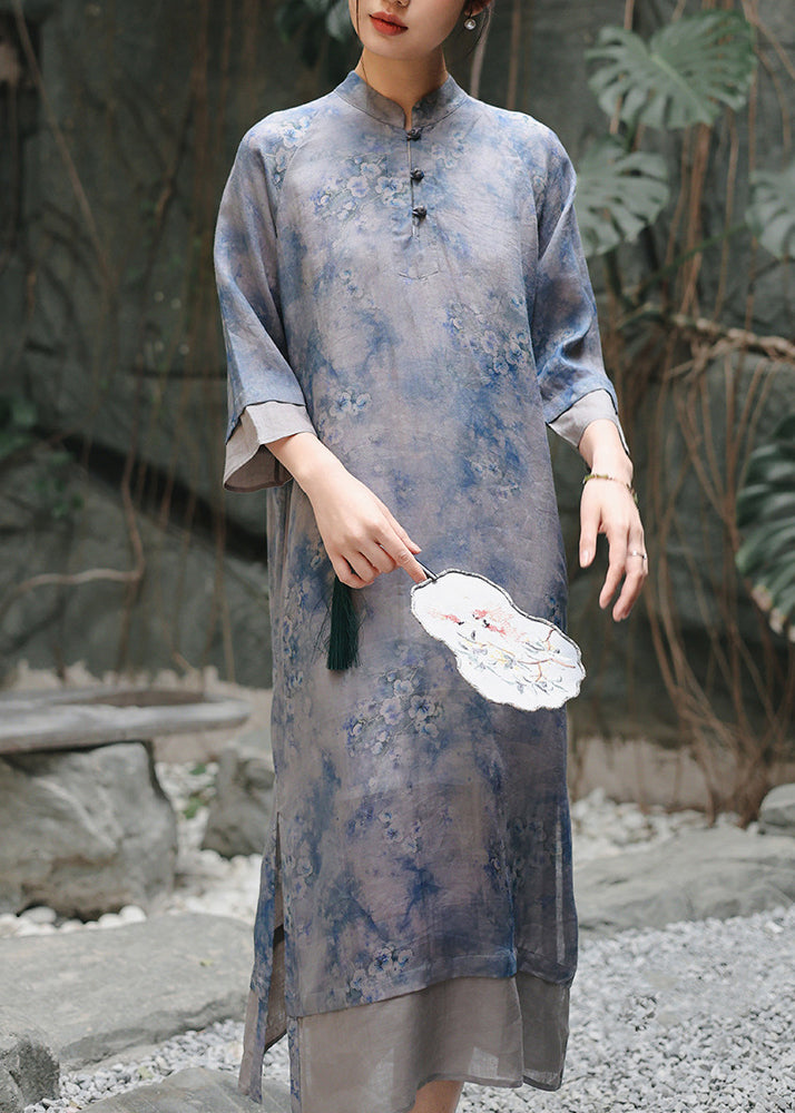 Loose Green Stand Collar Print Linen Long Dress Spring
