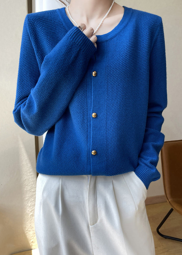 Blue O Neck Button Patchwork Cotton Knit Coats Fall