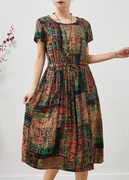 Brown Cinched Print Cotton Maxi Dresses Summer