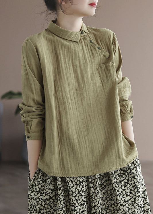 Khaki Button Peter Pan Collar Asymmetrical Design Cotton Tops Long Sleeve