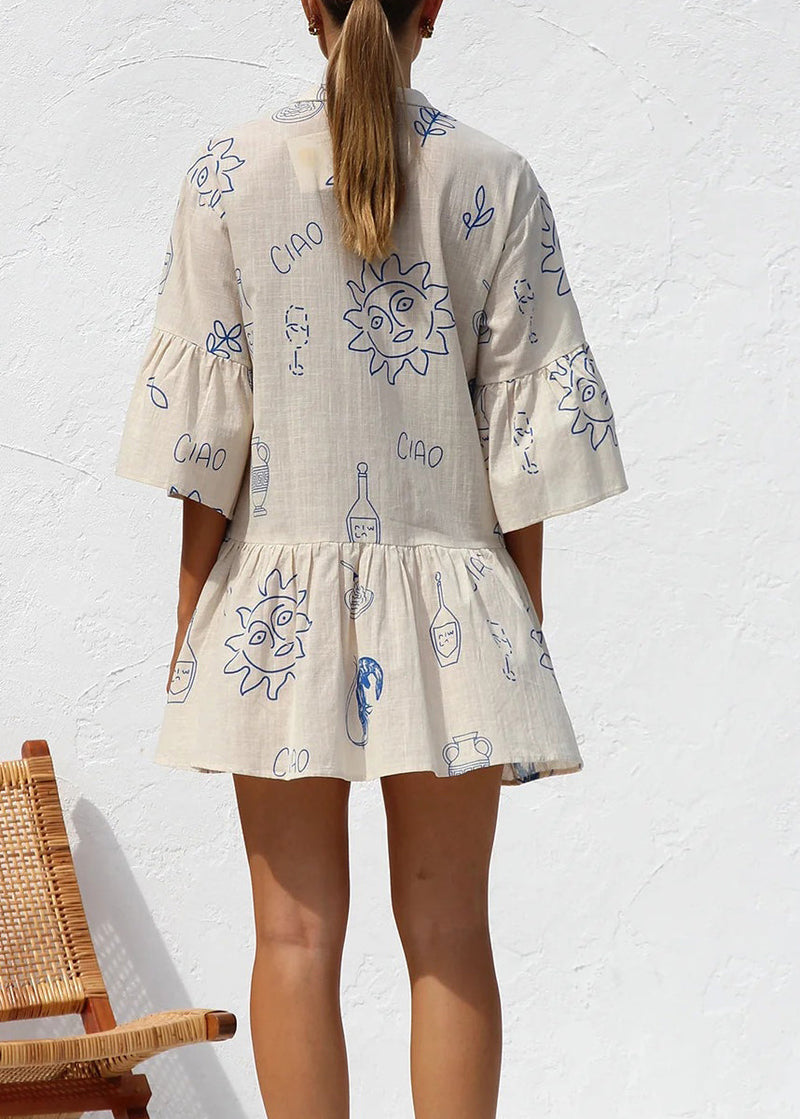 New Apricot Asymmetrical Print Patchwork Short Cotton Shirts Dress Summer