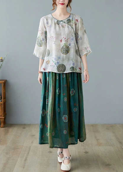 Gray Stripes Print Ramie Elastic Waist Skirt