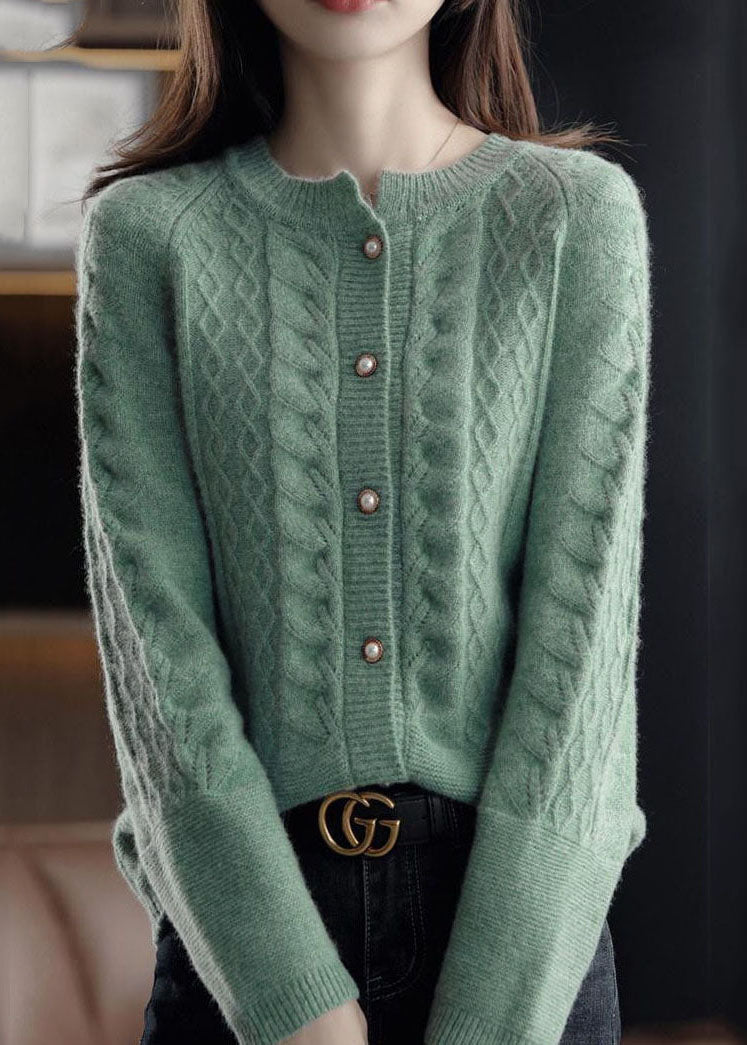 Green Warm Wool Cable Knit Cardigans O-neck Pearl Button Winter