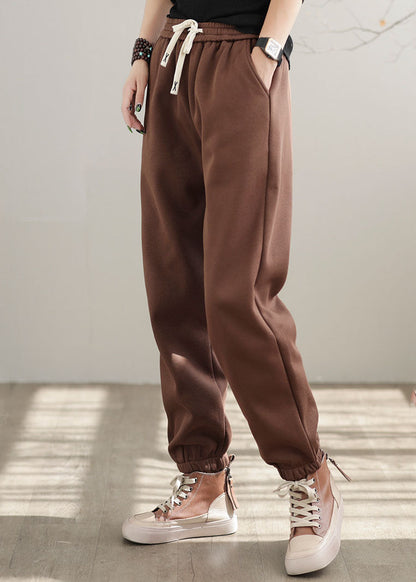 Chocolate Elastic Waist Oversized Warm Fleece Pants Winter