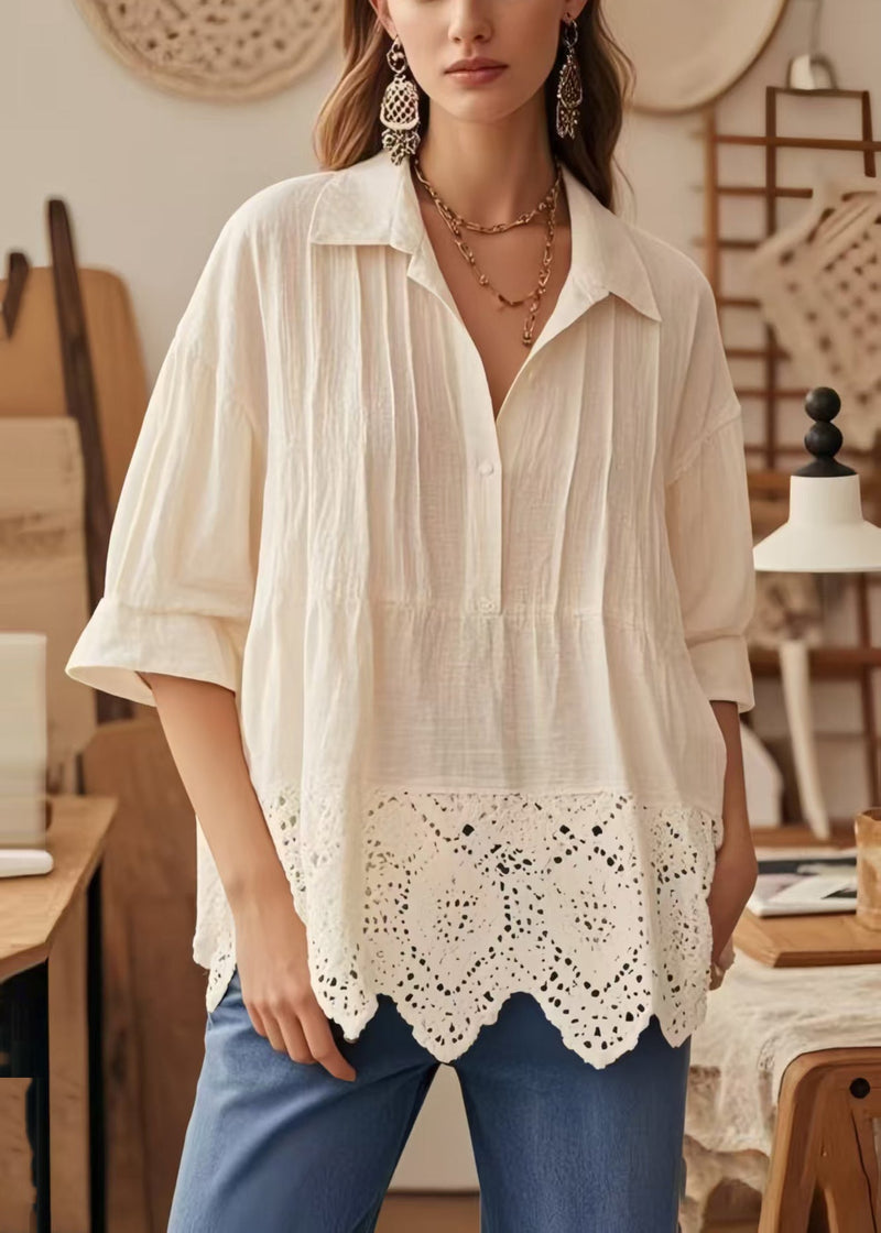 Apricot Oversized Patchwork Lace Blouse Top Half Sleeve