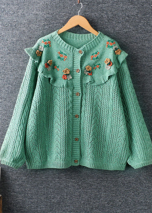 Fine Green Loose Ruffles Embroideried Button Fall Knit Sweater