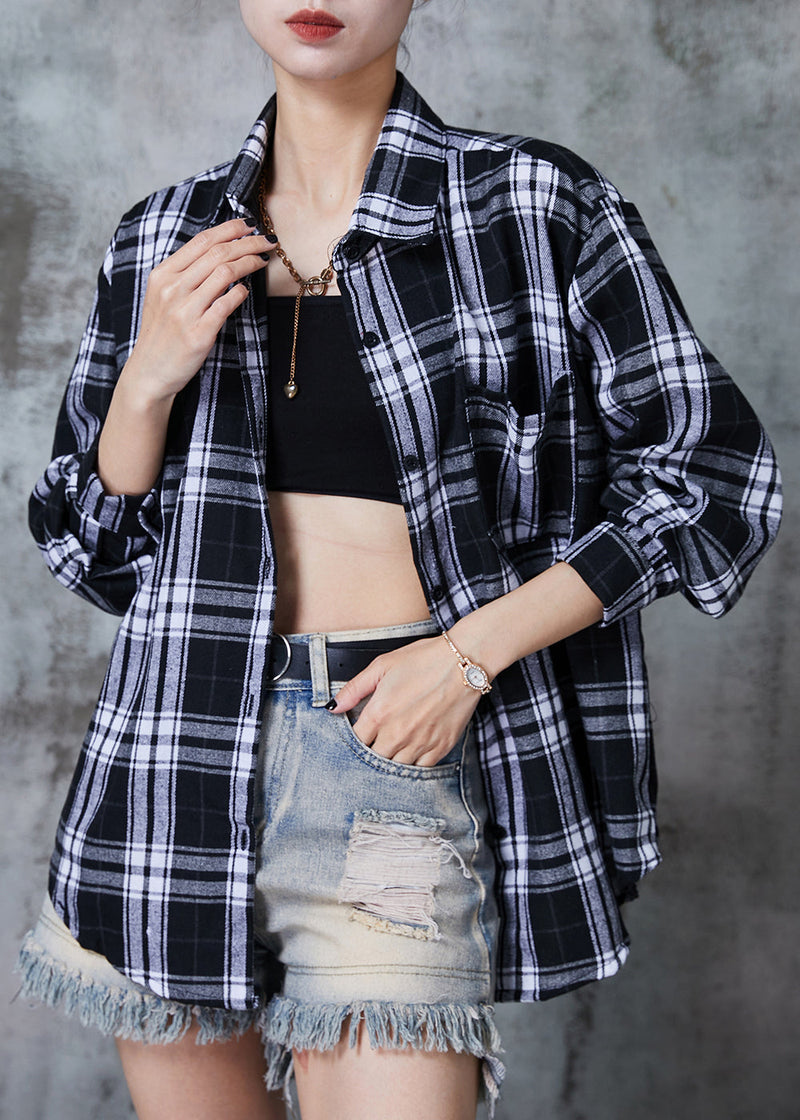 Black Oversized Plaid Cotton Shirt Top Fall