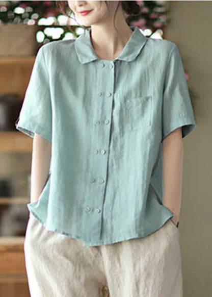 Light Blue Double Breast Linen Shirt Tops Short Sleeve