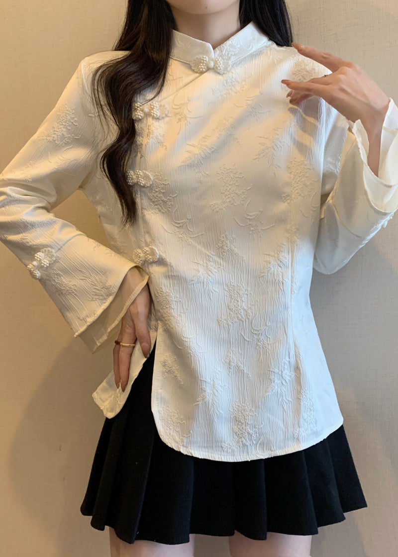 Apricot Stand Collar Jacquard Oriental Button Cotton Top Fall