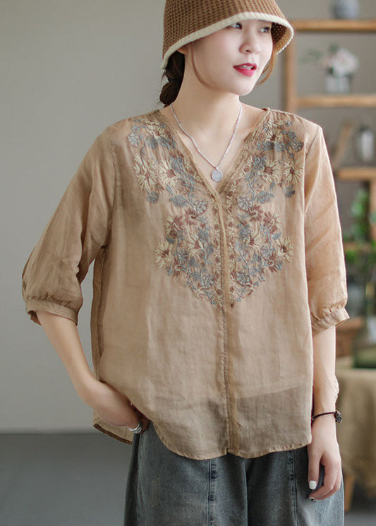Khaki Embroidered Lace Patchwork Linen Shirt Top Half Sleeve