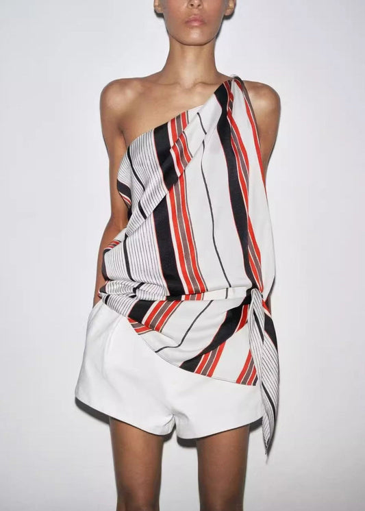 Asymmetrical Striped Tie Waist Shirt Sleeveless