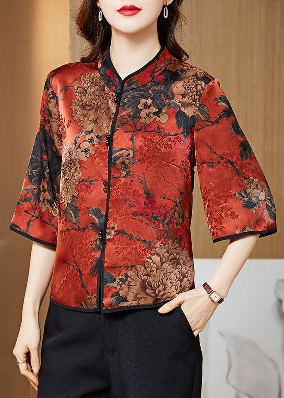 Red Mandarin Collar Print Silk Shirt Tops Half Sleeve