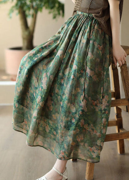 Green Wrinkled Pockets Patchwork Linen Skirts Summer