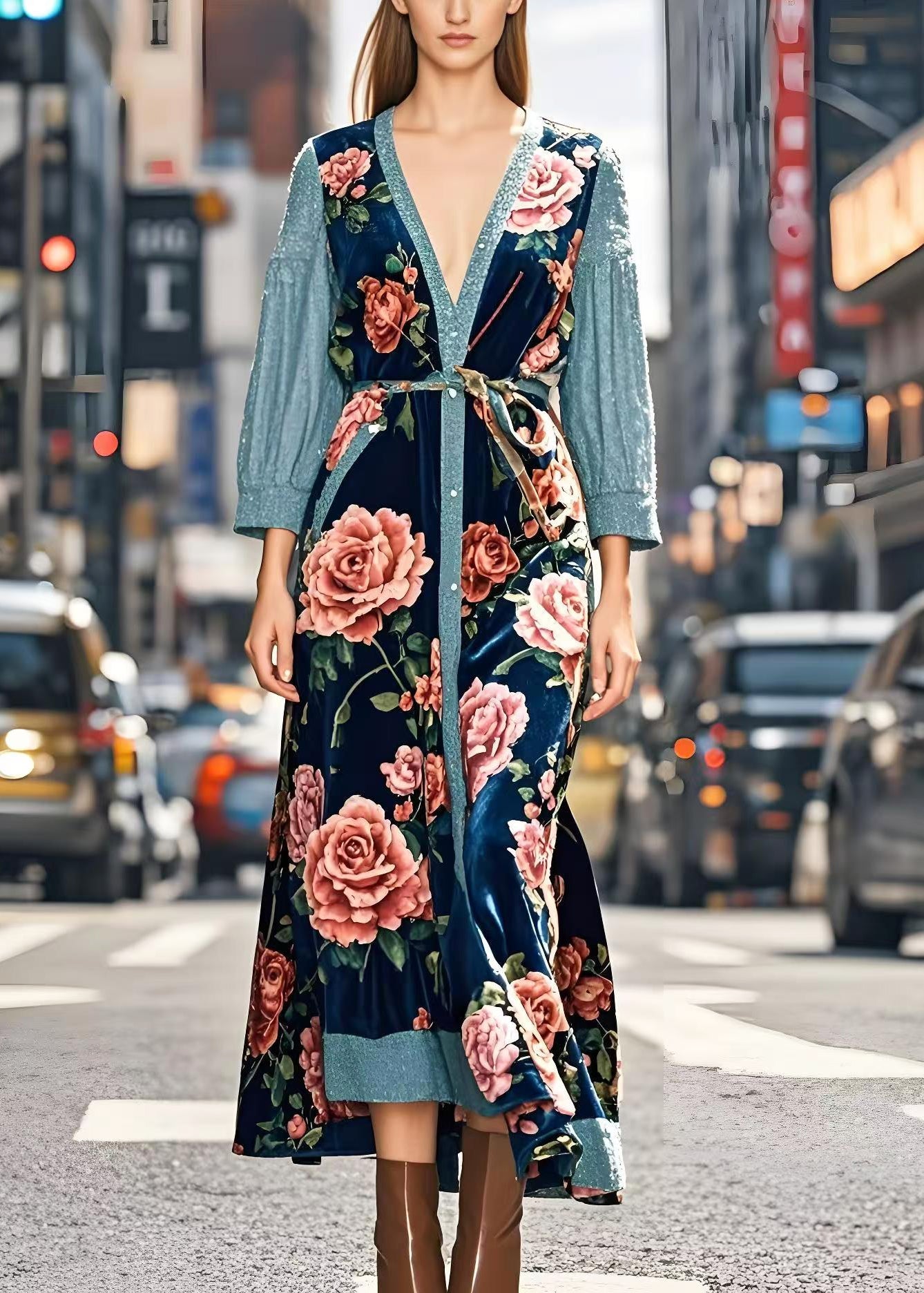 Art Peacock Blue Patchwork Silk Velvet Long Dresses Spring