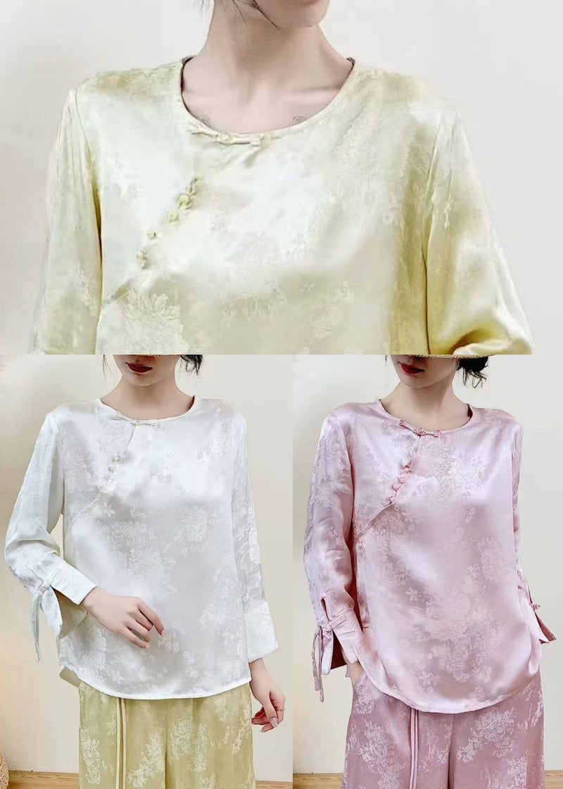Yellow Jacquard Silk Oriental Tops Chinese Button Spring