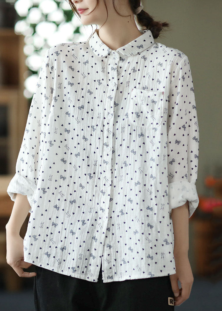 White Peter Pan Collar Print Patchwork Cotton Shirts Top Spring