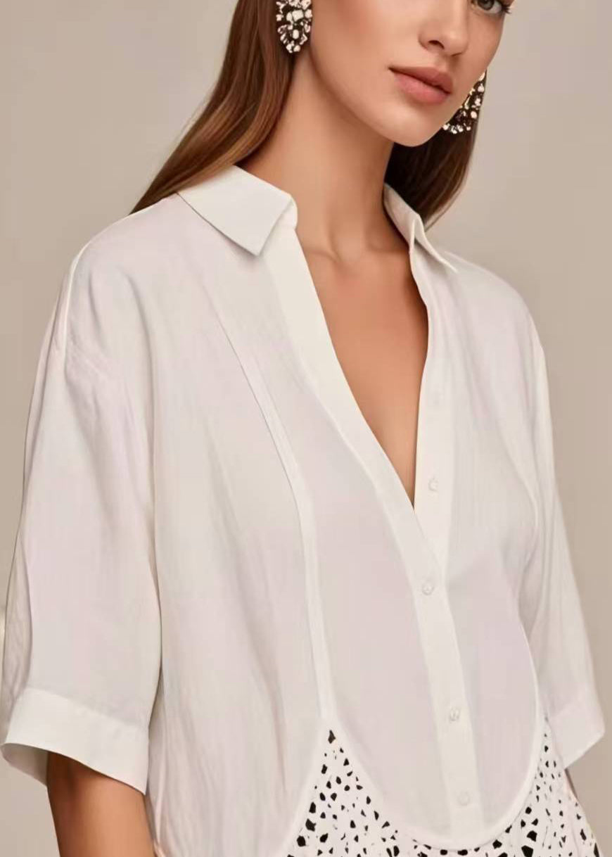 White V Neck Patchwork Lace Short Shirt Summer