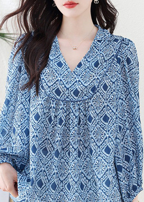 Blue V Neck Geometric Print Chiffon Blouse Top Lantern Sleeve