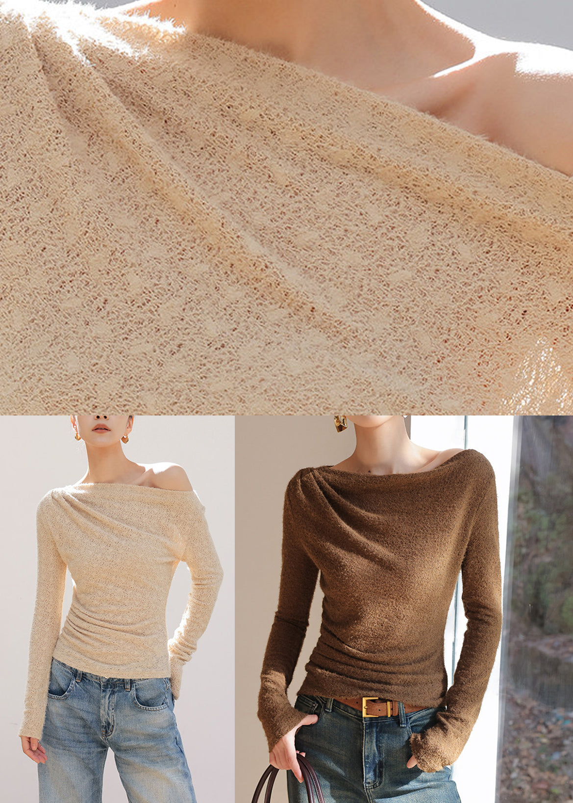Coffee Hollow Out Knit T Shirts Long Sleeve