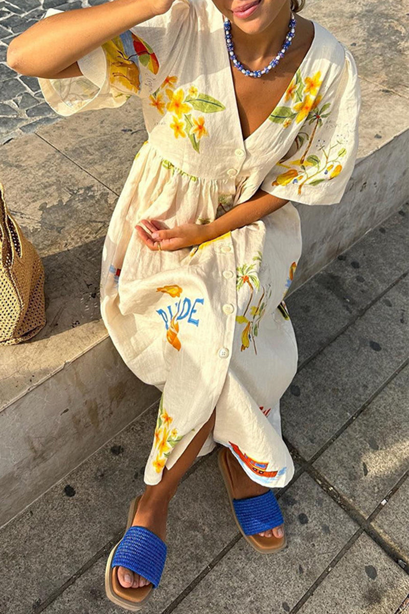 Character Print Buttons V Neck a Line Dresses