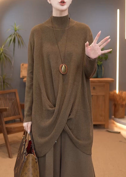 Simple Brown Turtleneck Knit Sweater Winter