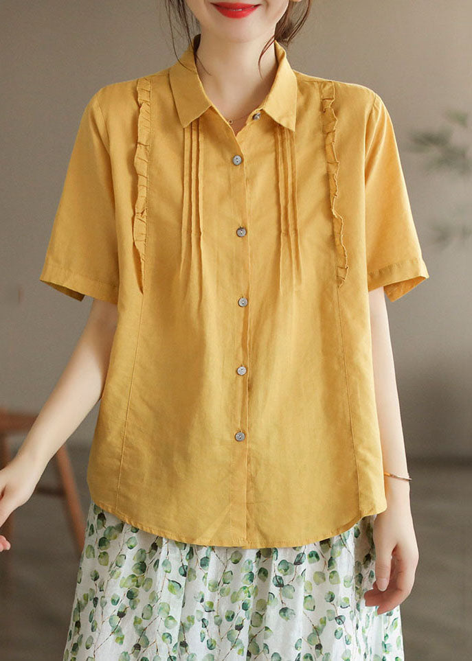 Yellow Peter Pan Collar Ruffled Patchwork Cotton Blouses Summer