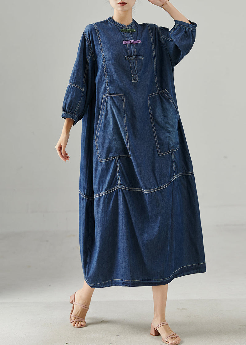 Navy Oversized Chinese Button Denim Dress Bracelet Sleeve