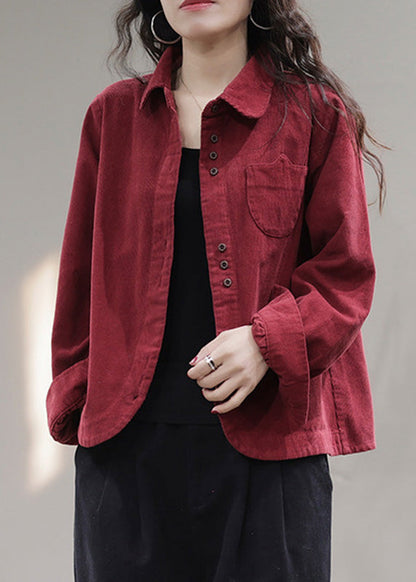 Red Pockets Button Corduroy Coat Spring