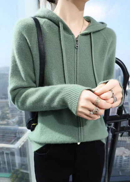 Beige Hooded Zippered Cotton Knit Coat Fall