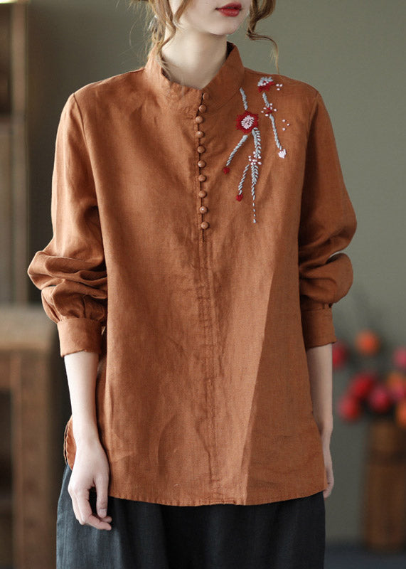 Navy Stand Collar Embroidered Button Linen Shirts Long Sleeve