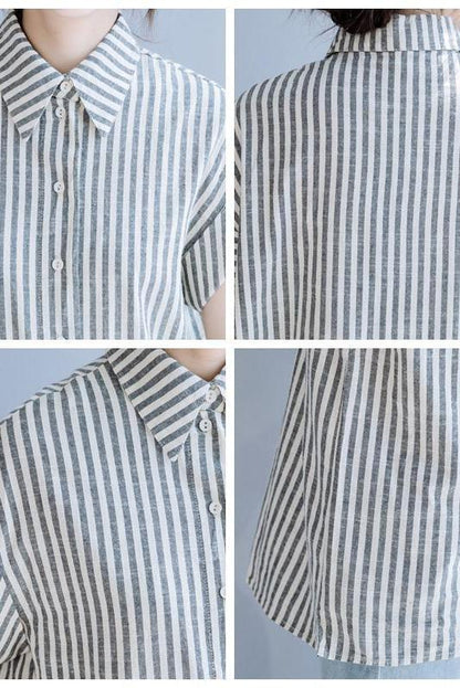 Gray Striped Cotton Linen Blouse Summer Tops