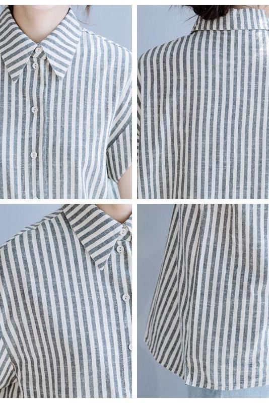 Gray Striped Cotton Linen Blouse Summer Tops