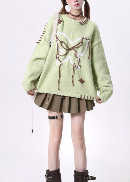 Novelty Green O Neck Lace Up Knit Sweaters Spring