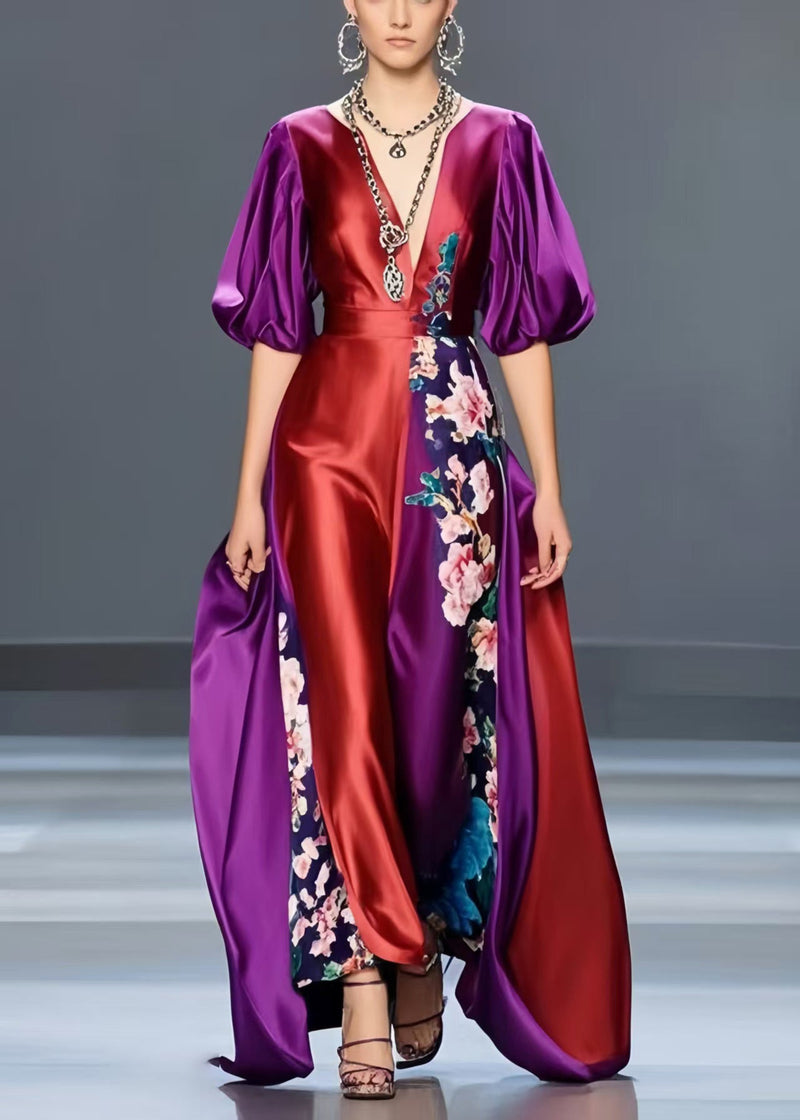 Polychrome Print Silk Maxi Dresses Asymmetrical Design Lantern Sleeve
