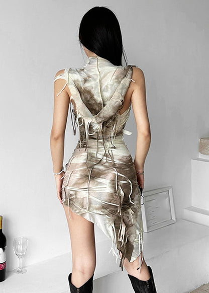 Fitted Khaki Print Tassel Hooded Mid Dress Summer