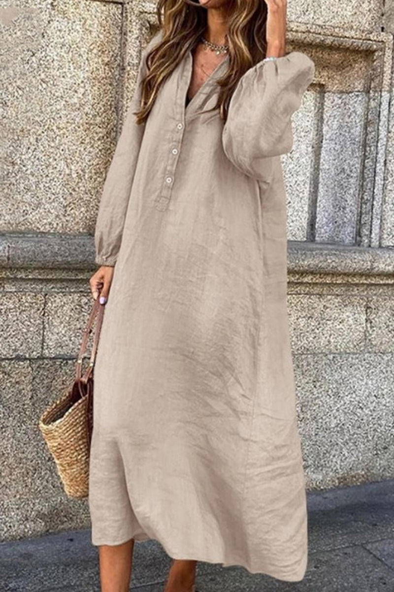 V Neck Single-breasted Cotton Linen Dress