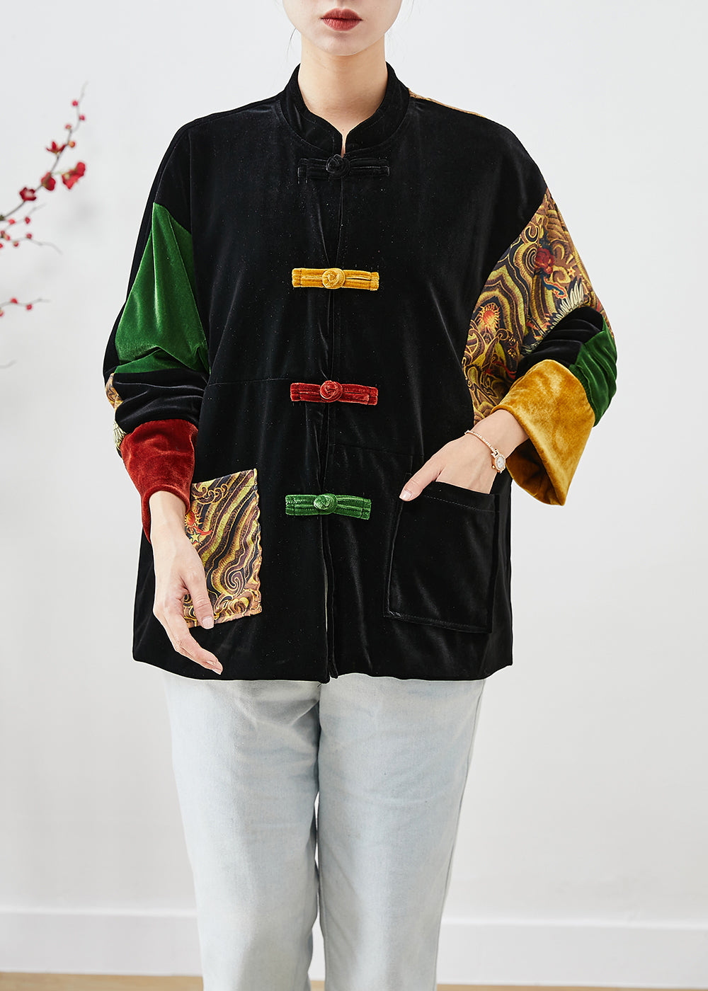 Diy Black Oversized Patchwork Chinese Button Silk Velour Coat Fall
