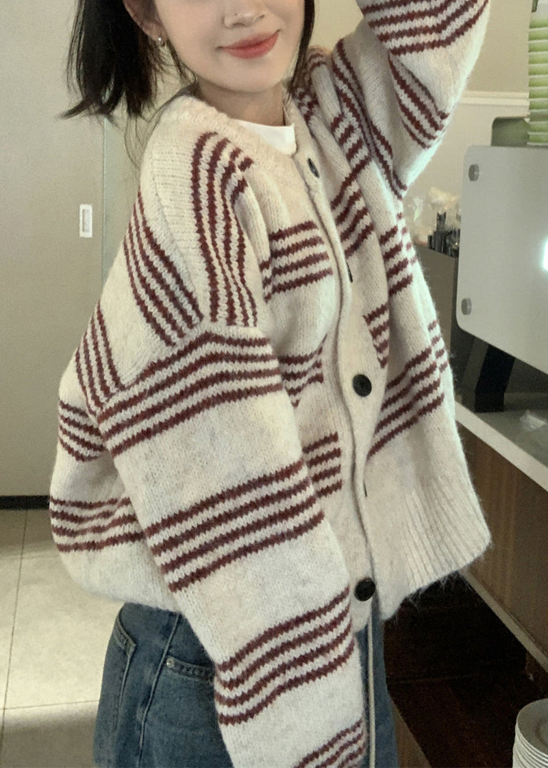 Natural Red Striped O-neck Cotton Knit Cardigan Long Sleeve