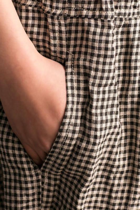 Black White Grid Wide-legged Pants Linen Trousers