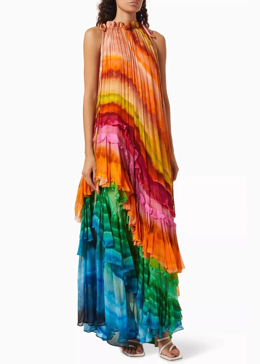 Rainbow Wrinkled Lace Up Cotton Maxi Dresses Sleeveless
