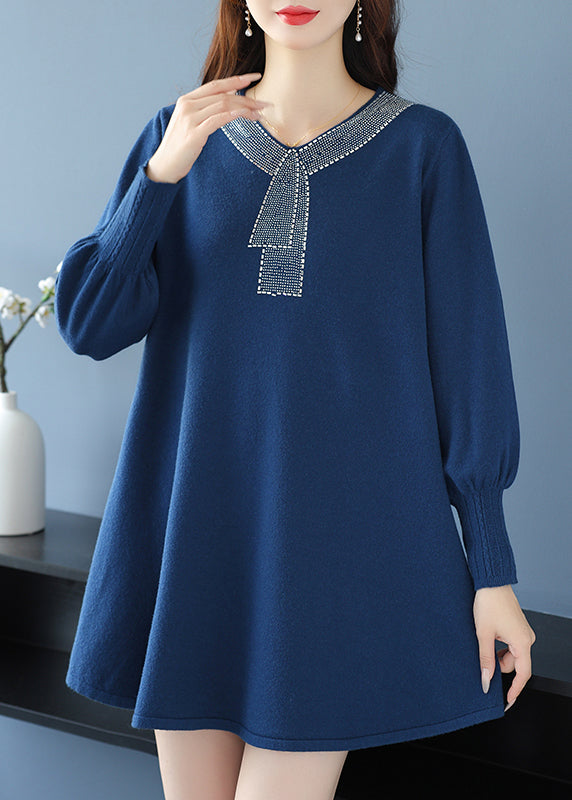 Tea Green V Neck Zircon Woolen Sweater Dress Winter