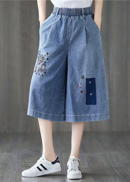 Denim Blue Elastic Waist Embroidered Cotton Wide Leg Pants Summer