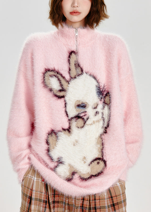 Modern Pink Stand Collar Rabbit Fuzzy Fur Fluffy Sweater Tops Winter