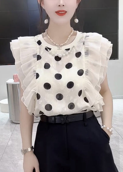 New Black O-neck Ruffled Print Chiffon Tops Summer